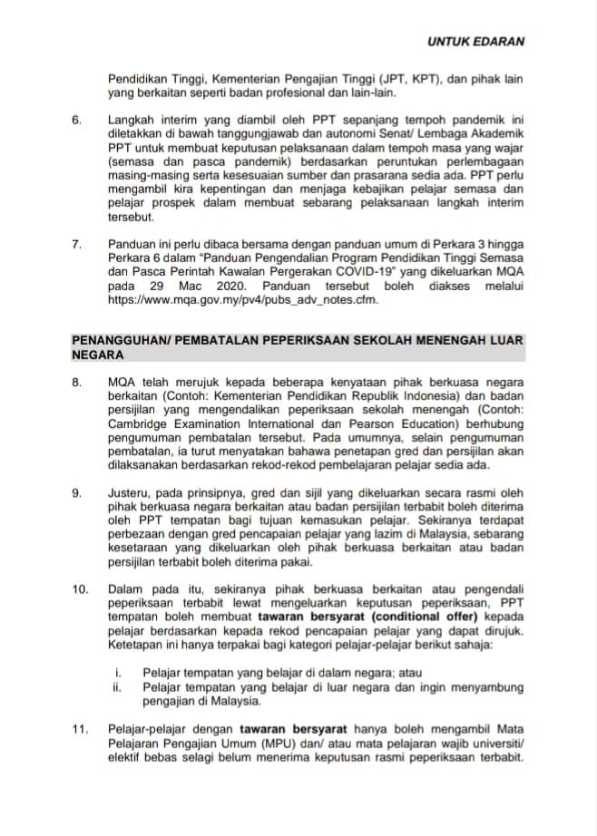 Pemakluman : Panduan Kemasukan Pelajar Tempatan Akibat Penangguhan