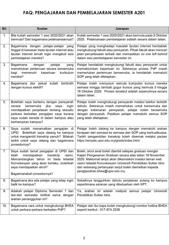 Faq Penangguhan Pulang Pelajar Ke Kampus Upsi Portal Rasmi Universiti Pendidikan Sultan Idris
